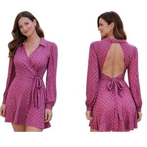 Free People Women's Wrap Dress Size L Pink Geometric Print Long Sleeve Boho Mini